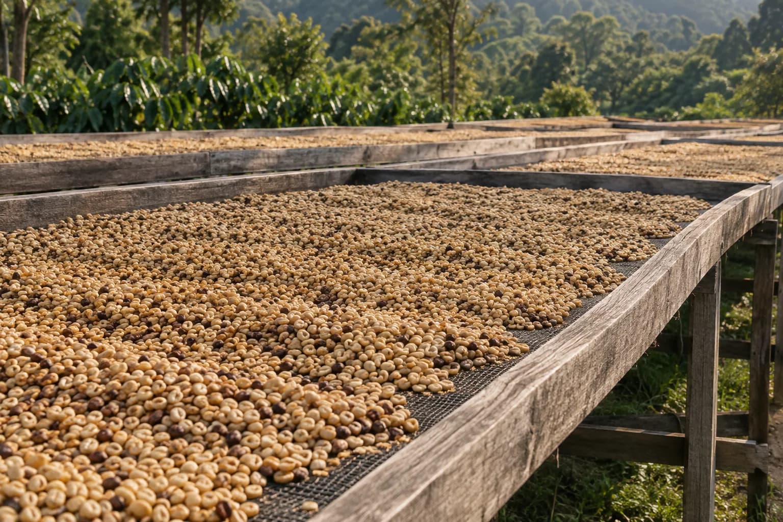 AI illustration of coffee drying on raised beds