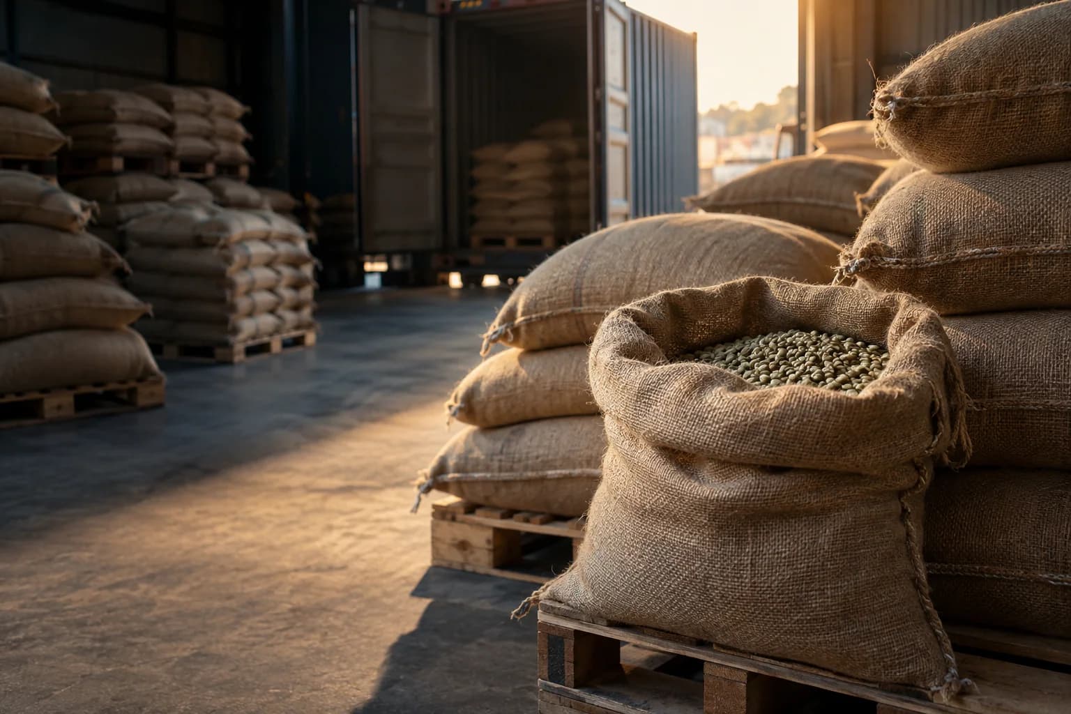AI illustration of jute coffee sacks prepared for export