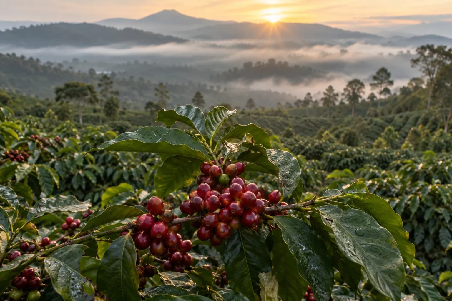 AI illustration of ripe red coffee cherries in an Indonesian highland plantation