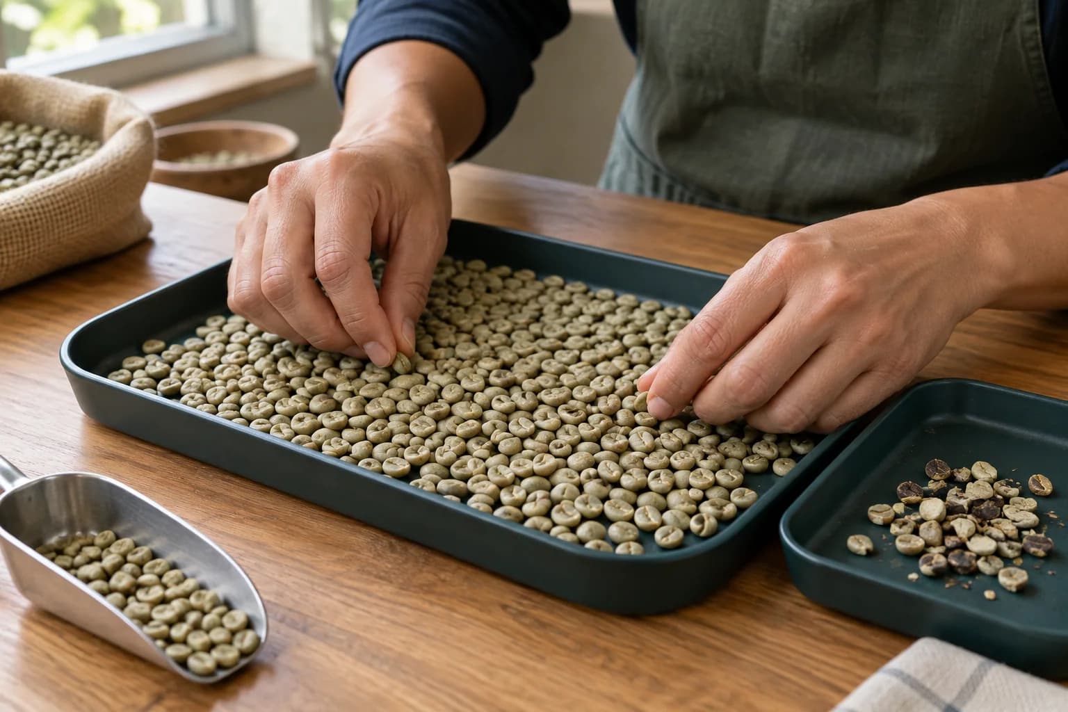 AI illustration of hands inspecting green coffee beans
